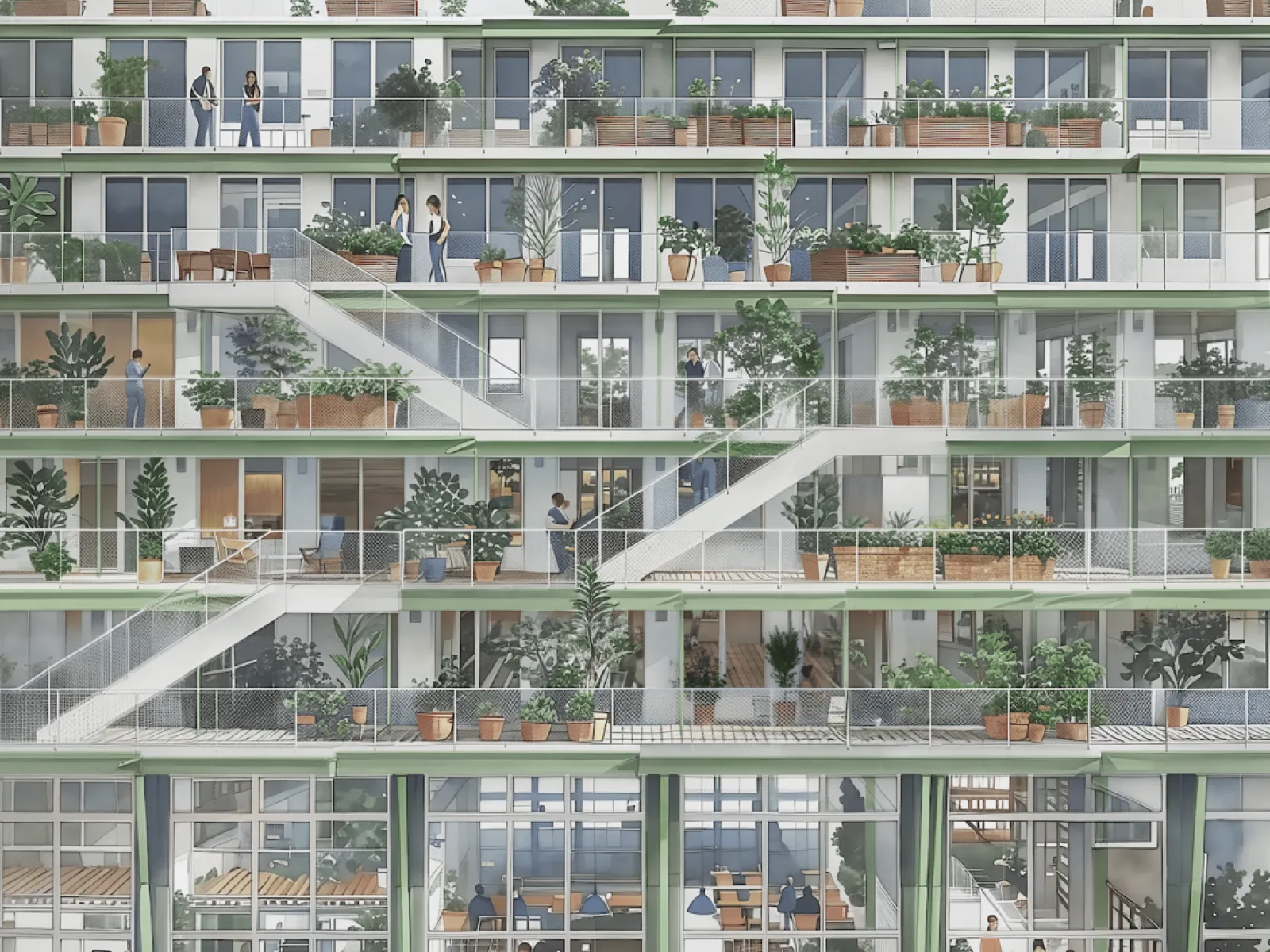 Visualisierung eines begrünten mehrstöckigen Gebäudes