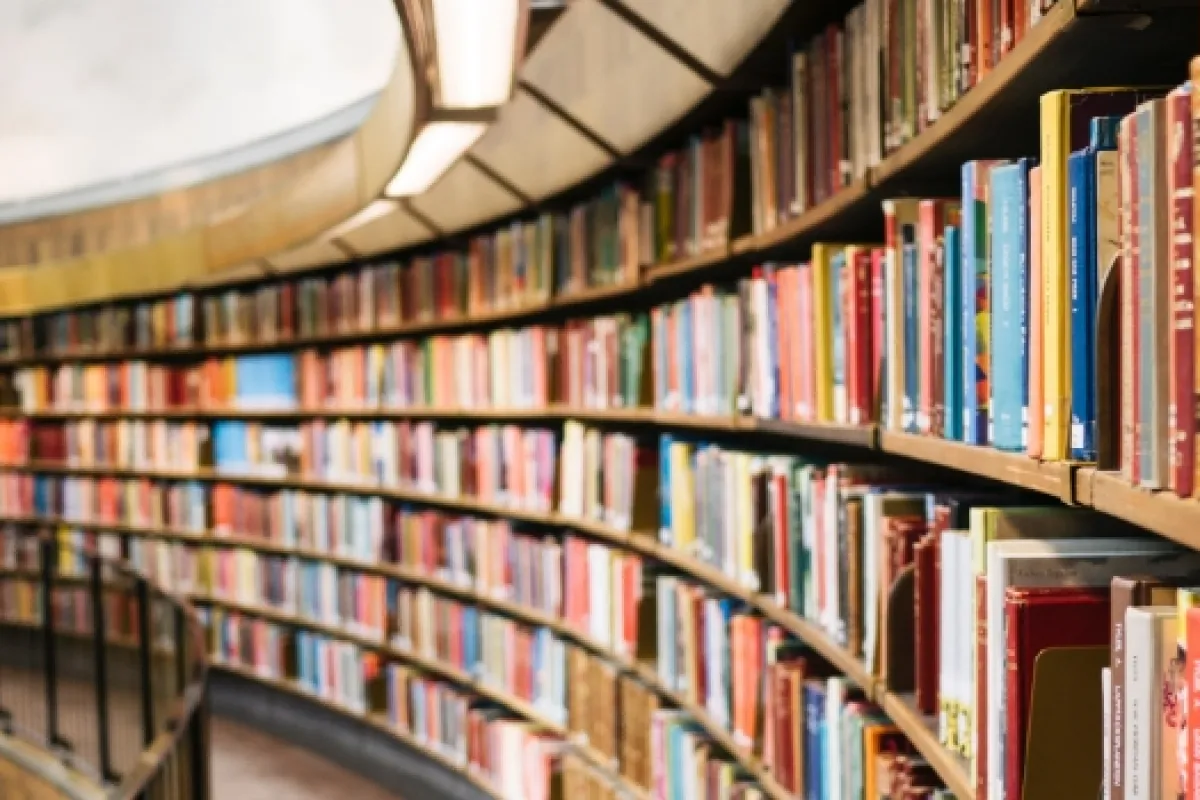 Eine Reihe von Büchern auf einem Regal in einer Bibliothek, ordentlich angeordnet und gut sichtbar.