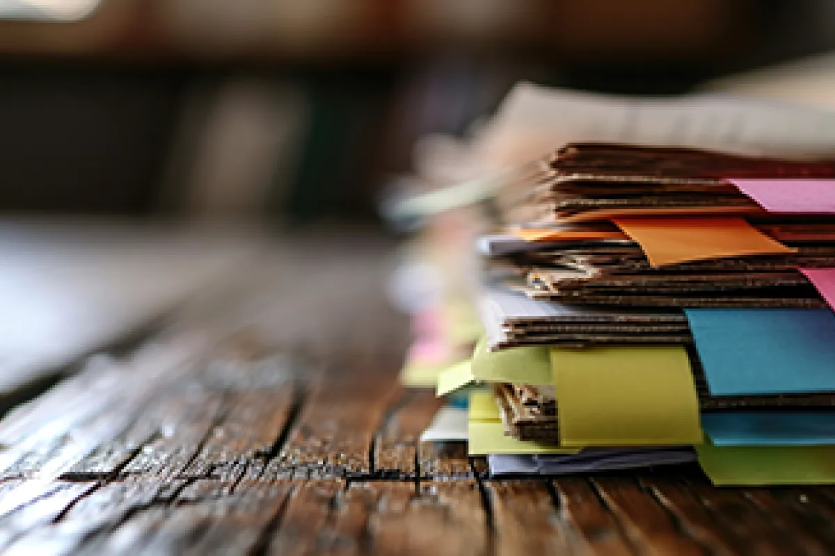 Nahaufnahme eines großen Stapels Ordner, aus denen verschiedenfarbige Post-it-Tabs herausragen