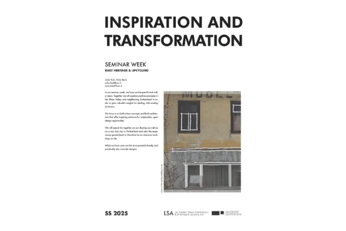 Architektur-Plakat zur Seminarwoche «Inspiration and Transformation» mit Fokus auf Upcycling, SS 2025. 