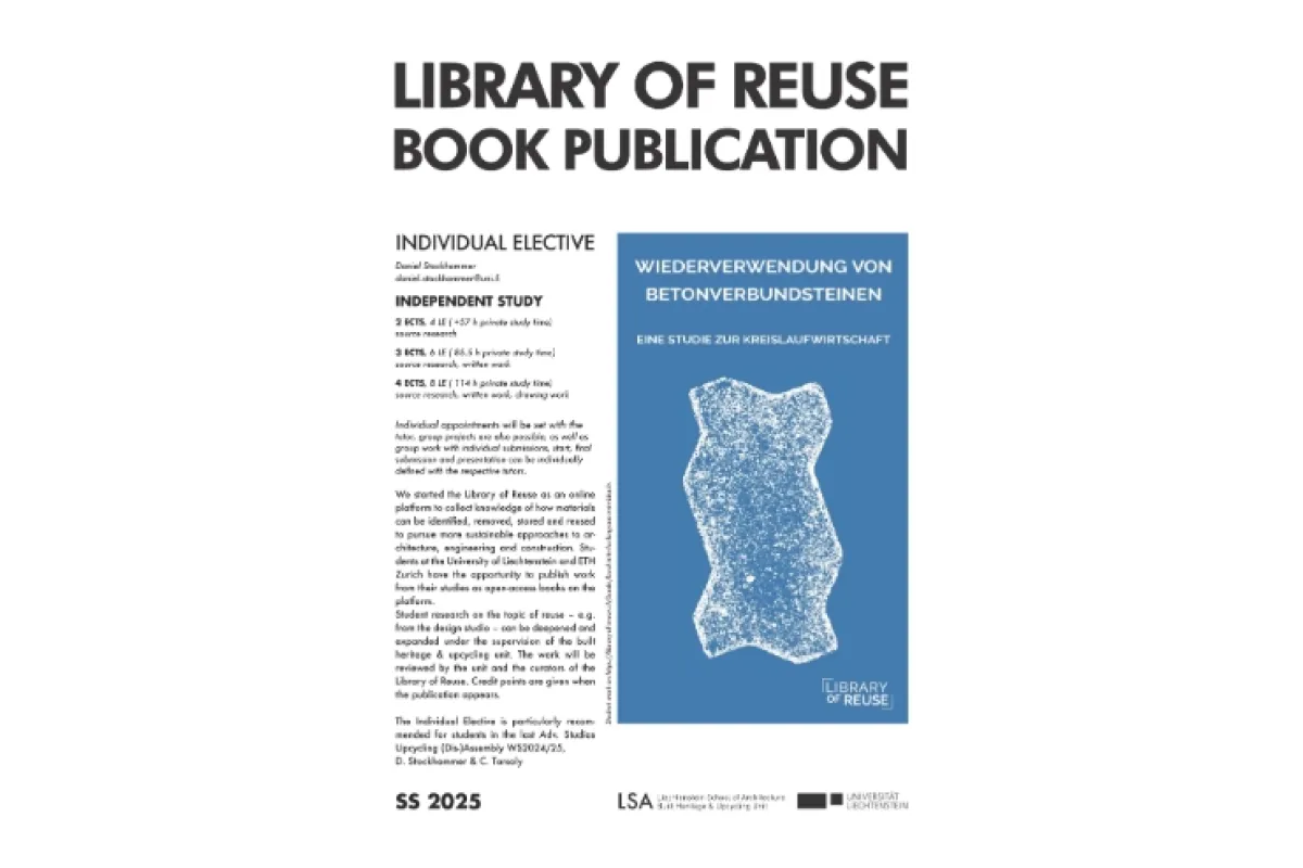 Architektur-Plakat zum Wahlfach «Library of Reuse» zur Wiederverwendung von Betonsteinen, SS 2025 an der Liechtenstein School of Architecture.