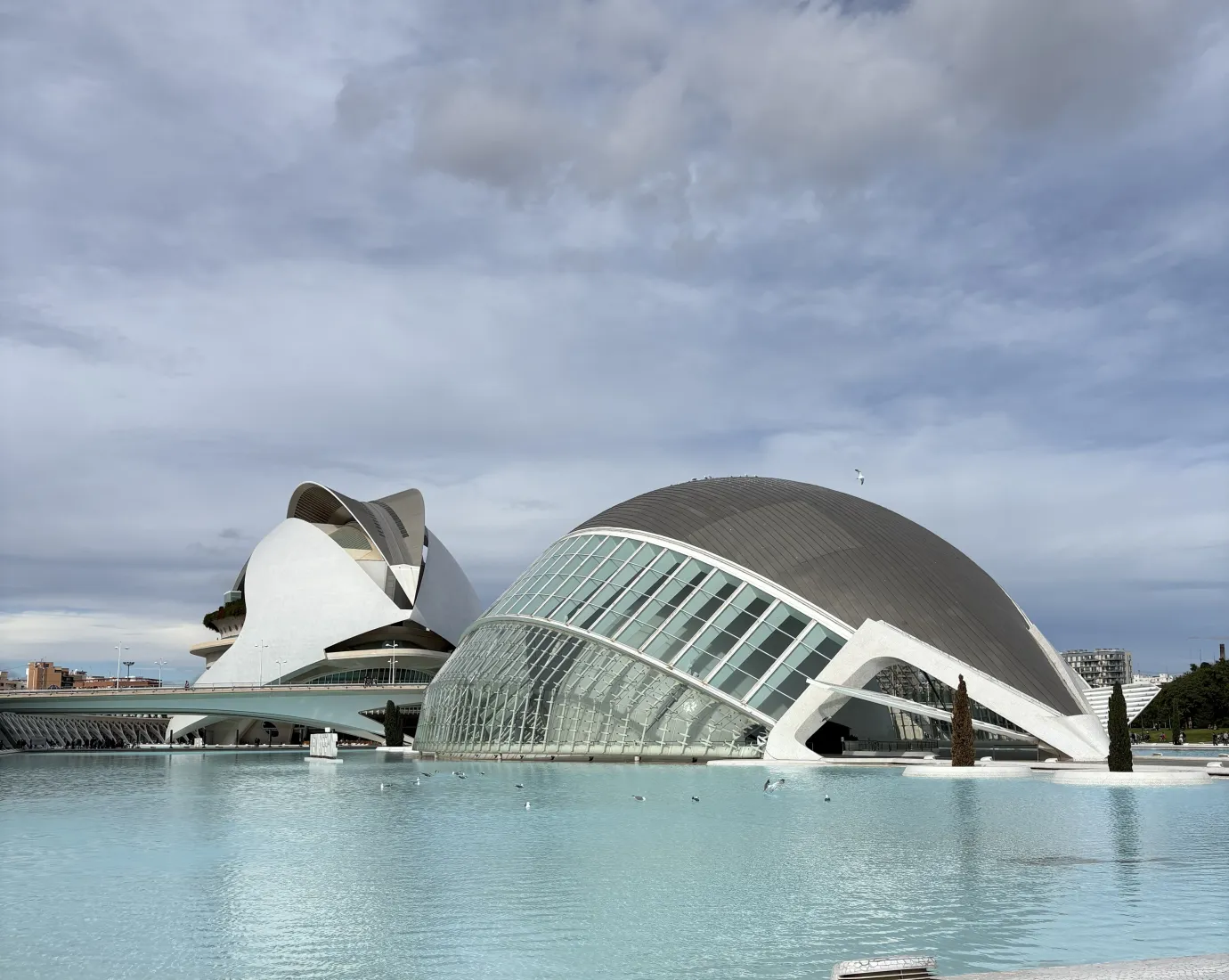 Moderne, futuristische Gebäude mit geschwungenen Glas- und Betonformen an einem großen Wasserbecken unter bewölktem Himmel.