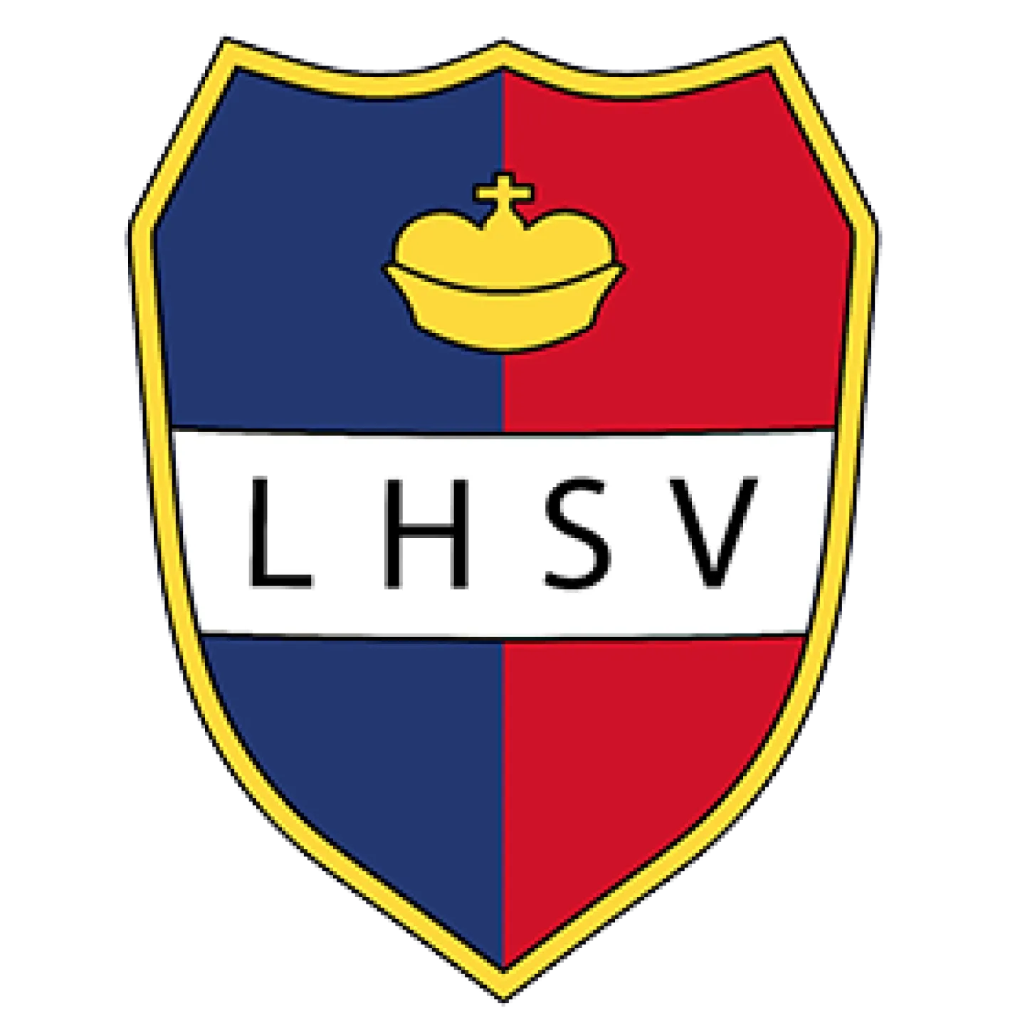 Ein in blaue und rote Abschnitte unterteiltes Logo, das die Form eines Schutzschildes hat, mit einer goldenen Krone über den Buchstaben „LHSV“, die auf einem weißen horizontalen Streifen geschrieben sind.