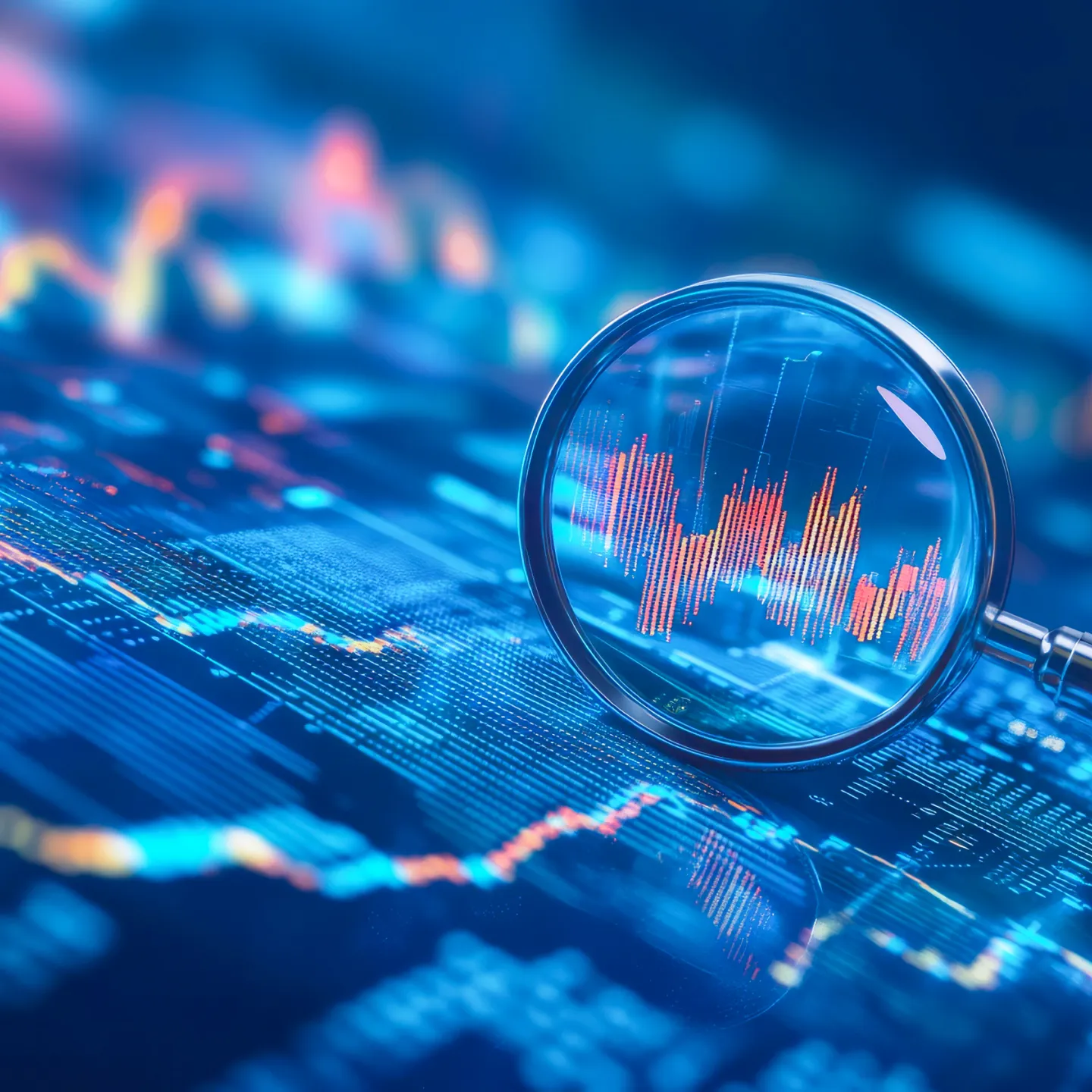 Lupe vergrößert bunte Kursverläufe auf digitalem Finanzdatenbildschirm, Fokus auf Datenanalyse und Wirtschaft