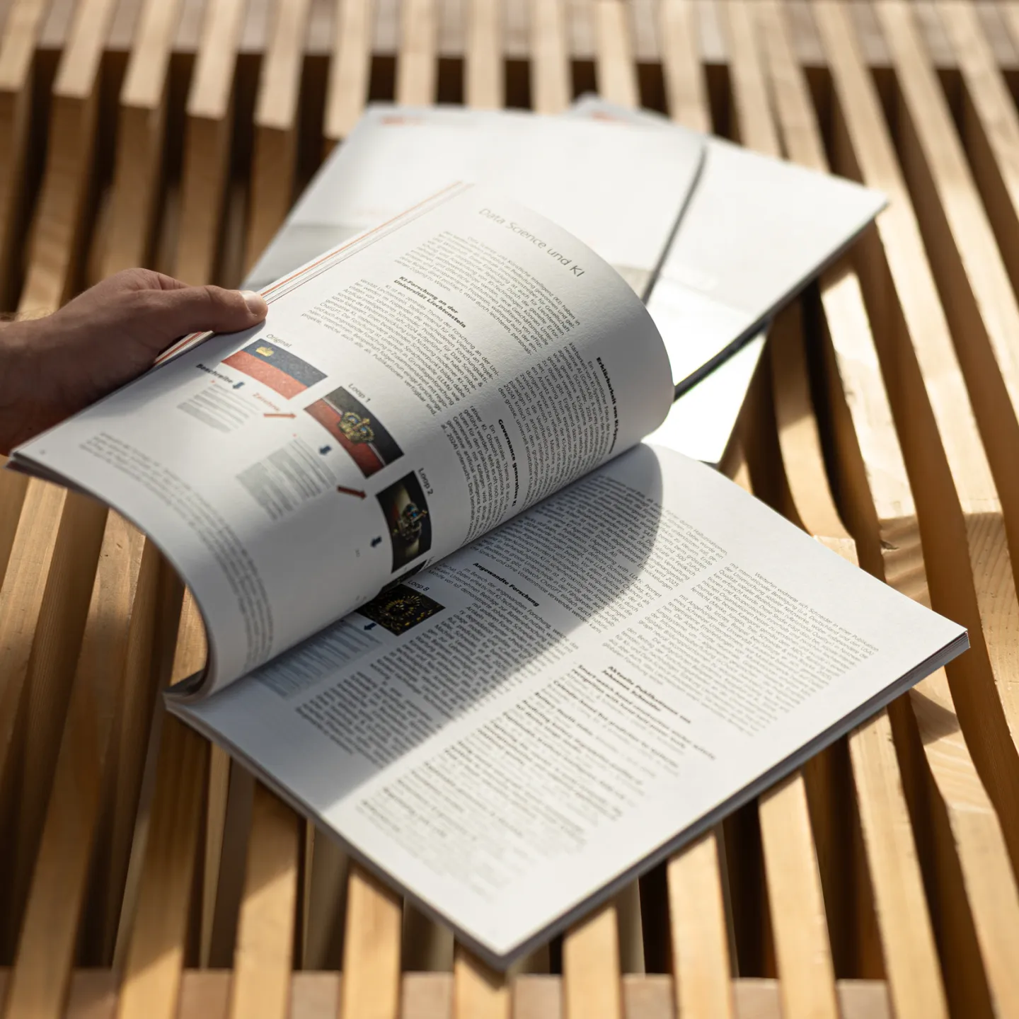 Nahaufnahme einer geöffneten Publikation mit Inhalten über Data Science und Künstliche Intelligenz an der Universität Liechtenstein.