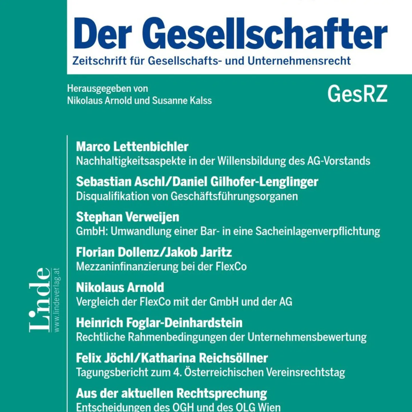Titelbild der Zeitschrift "Der Gesellschafter", Ausgabe 1/2024, mit Beiträgen zu Gesellschafts- und Unternehmensrecht, darunter Nachhaltigkeitsaspekte in der Willensbildung des AG-Vorstands von Marco Lettenbichler.
