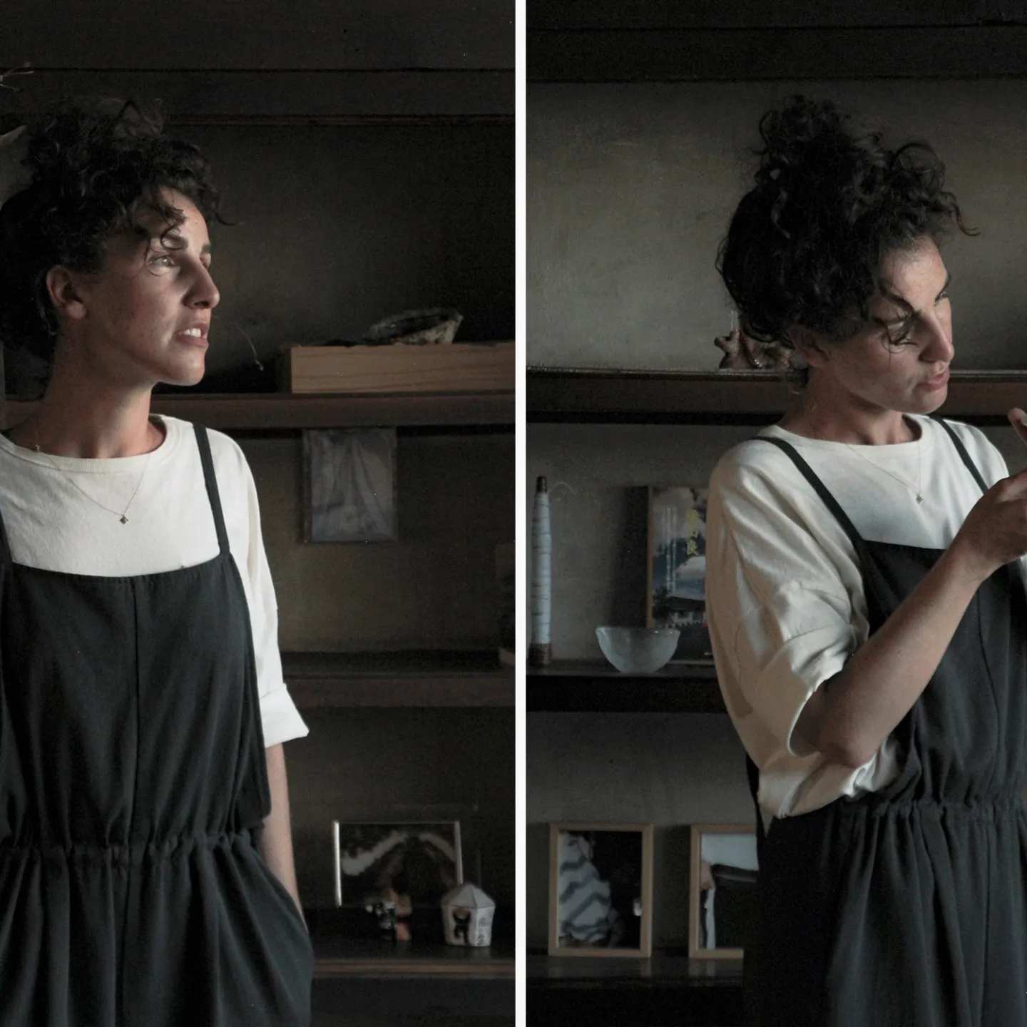 Künstlerisches Doppelporträt einer Person mit Keramikobjekt in ruhiger Atelierumgebung