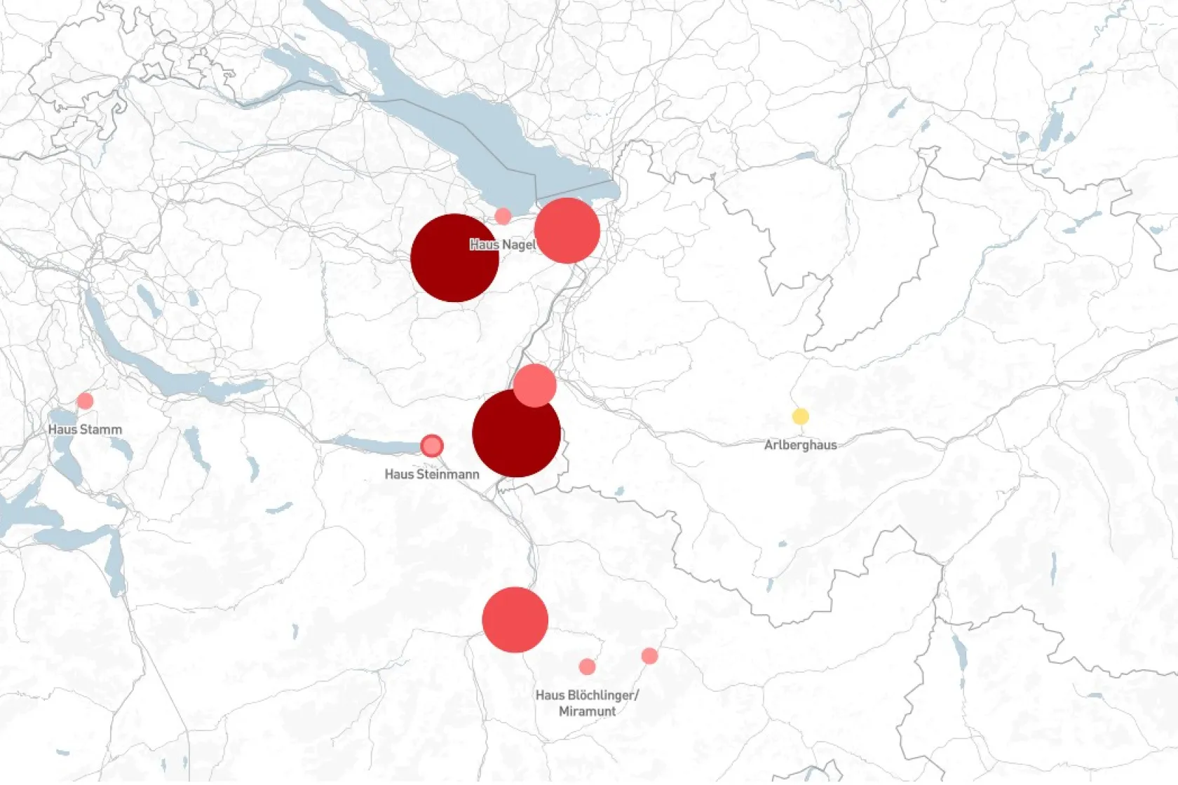 Karte Liechtensteins mit roten Markierungen der Bauten Ernst Sommerlads