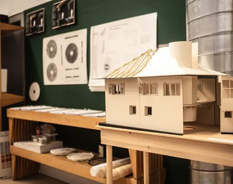 Architekturmodell eines Hauses auf einem Tisch in einem Studio der Universität Liechtenstein. Im Hintergrund sind Architekturpläne und Zeichnungen an einer grünen Wand zu sehen.