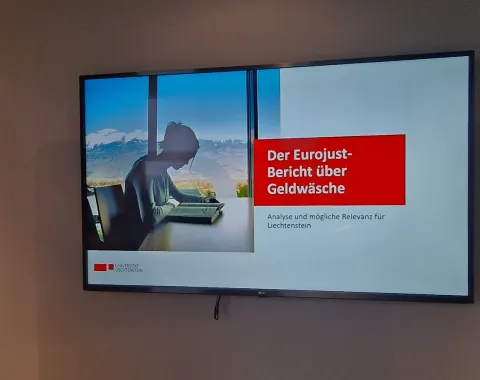 Ein Bildschirm zeigt eine Präsentation mit dem Titel „Der Eurojust-Bericht über Geldwäsche: Analyse und mögliche Relevanz für Liechtenstein“. Links ist das Bild einer Person am Laptop vor einer Berglandschaft zu sehen.