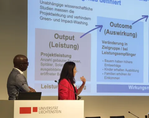 Zwei Personen präsentieren auf der Bühne des 16. Liechtensteinischen Stiftungsrechtstags 2024 im Auditorium der Universität Liechtenstein. Sie stehen vor einer Leinwand mit einer Präsentation über Chancen und Herausforderungen in der Sozial- und Wirtschaftswissenschaft. Ein Rednerpult mit dem Logo der Universität ist im Vordergrund sichtbar.