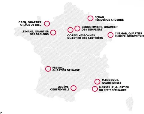 Karte von Frankreich mit markierten Städten, die am Projekt „Quartiers de demain“ teilnehmen: Caen, Le Mans, Sedan, Coulommiers, Corbeil-Essonnes, Colmar, Pessac, Lodève, Manosque, Marseille.