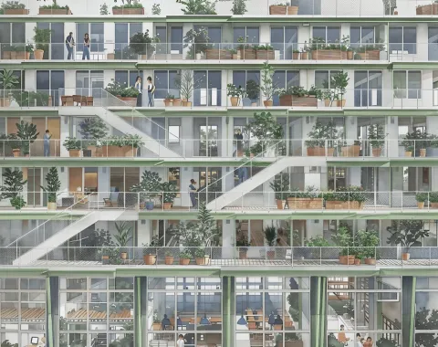 Visualisierung eines begrünten mehrstöckigen Gebäudes