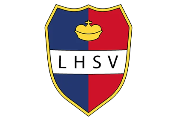 Ein in blaue und rote Abschnitte unterteiltes Logo, das die Form eines Schutzschildes hat, mit einer goldenen Krone über den Buchstaben „LHSV“, die auf einem weißen horizontalen Streifen geschrieben sind.