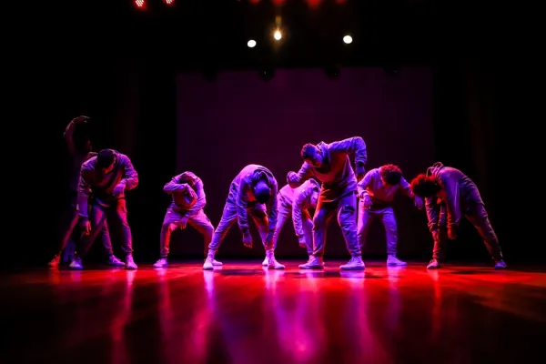 Eine Gruppe von Tänzern in passenden Outfits tritt unter dramatischem roten und violetten Licht auf einer Bühne auf.