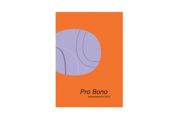 Orange/Violettes Cover des Pro Bono Jahresberichts 2024