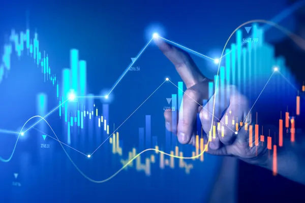 Finger zeigt auf steigende Finanzkurve mit Balken- und Liniendiagrammen.