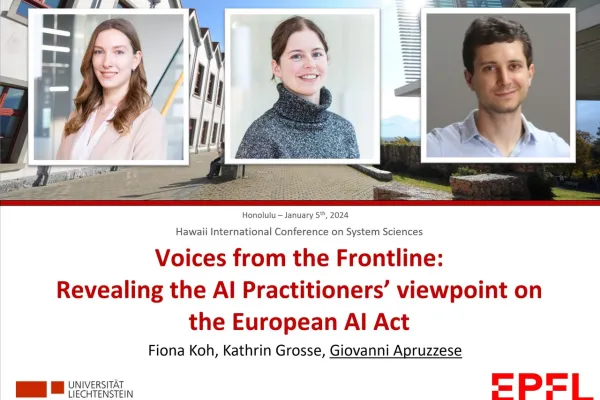 Drei Porträts von Personen vor einem modernen Universitätsgebäude. Darunter der Titel des Konferenzbeitrags: "Voices from the Frontline: Revealing the AI Practitioners' viewpoint on the European AI Act". Logos der Universität Liechtenstein und EPFL sind sichtbar.